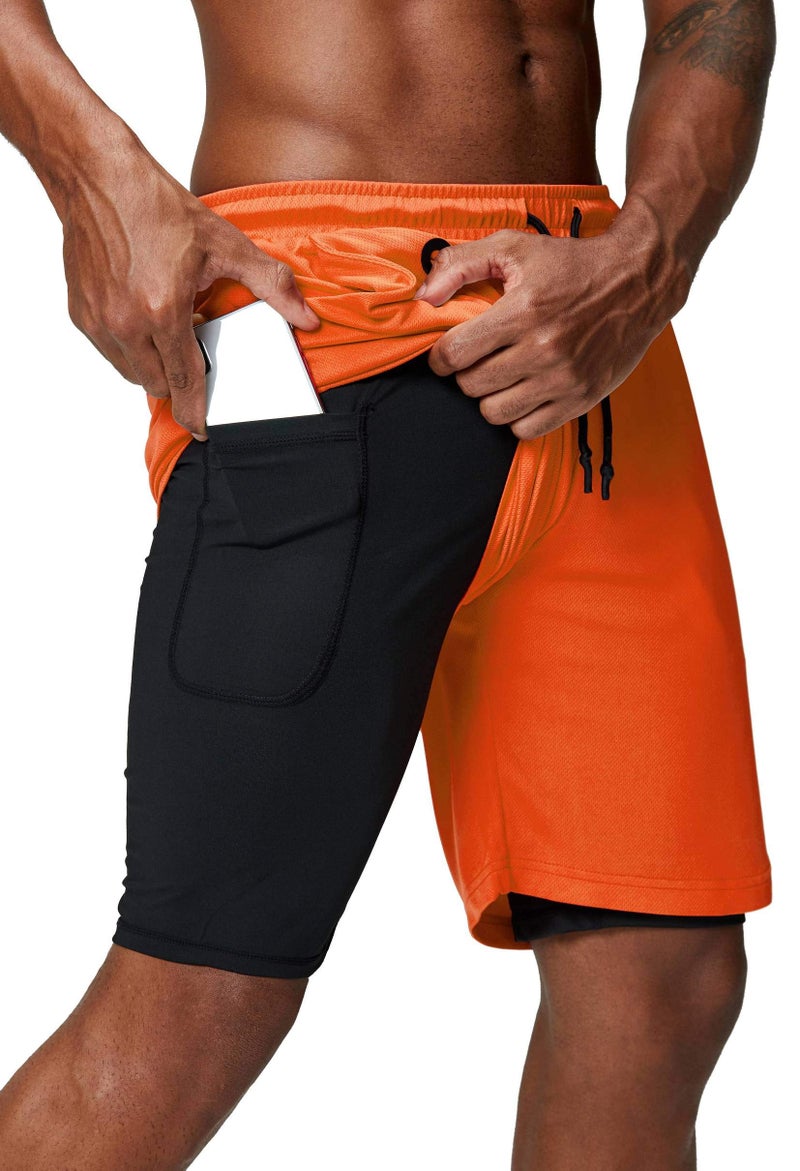 Pinkbomb Men's 2 in 1 Running Shorts Gym Workout Quick Dry Mens Shorts with Phone Pocket (Orange, Large - Image 1